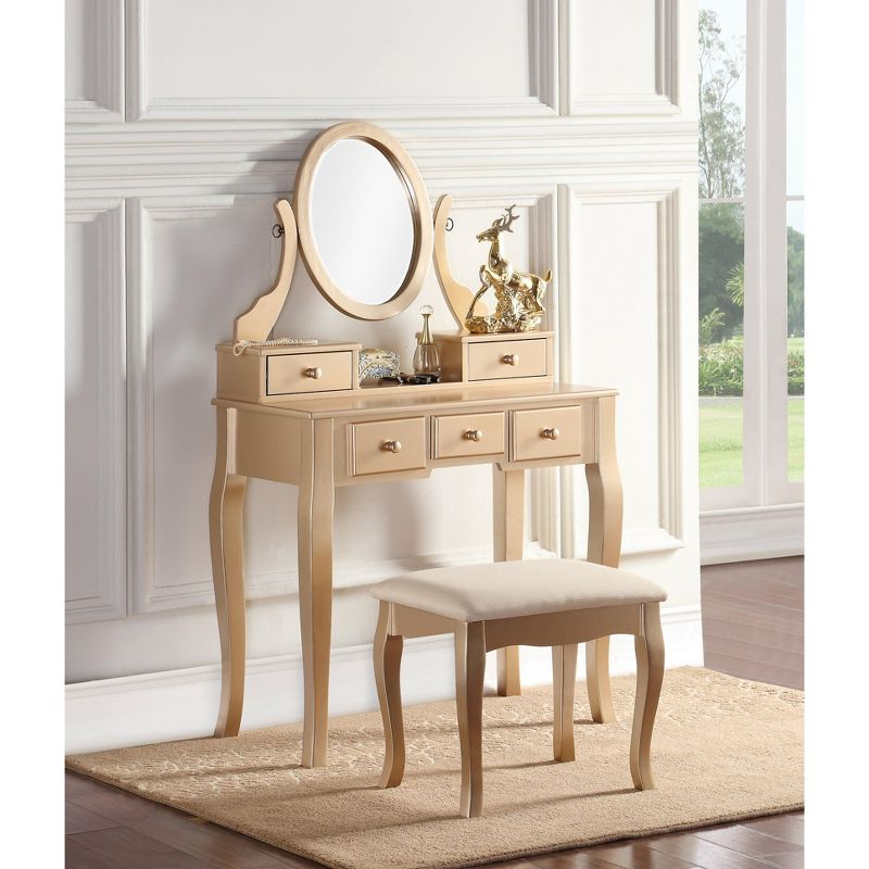 Roundhill Furniture Ashley Wood Makeup Vanity Table and Stool Set, Gold