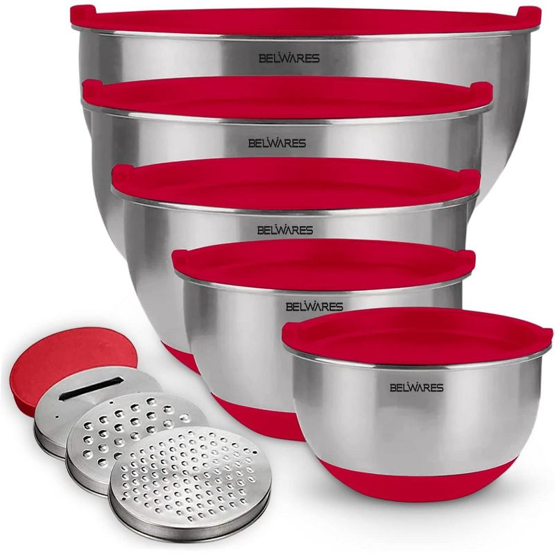 Mixing Bowls with Lids Set - Nesting Bowls with Airtight Lids + Graters - Stainless Steel Non-Slip Mixing Bowl for Baking, (Red, 5-Piece Set)