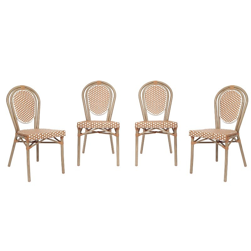 Flash Furniture 4 PK Lourdes Indoor/Outdoor Commercial Thonet Bistro Stack Chair, Natural/White PE Rattan & Bamboo Print Aluminum Frame in Light Nat