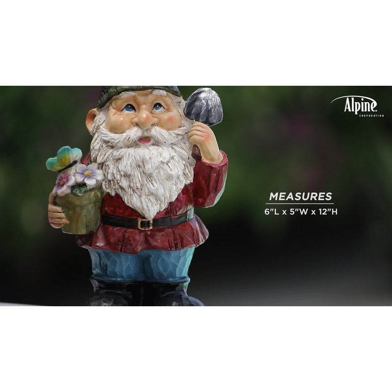 12" Polyresin Gnome With Flower Pot Statue - Alpine Corporation: Outdoor Decorative Sculpture for Patio & Garden