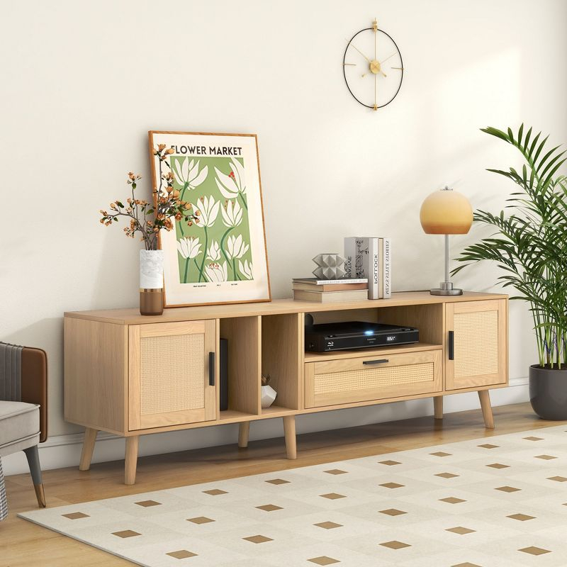 Whisen Rattan-inspired Entertainment Center TV Stand for TVs up to 80'' with 2 Cabinets and 2 Open Shelves
