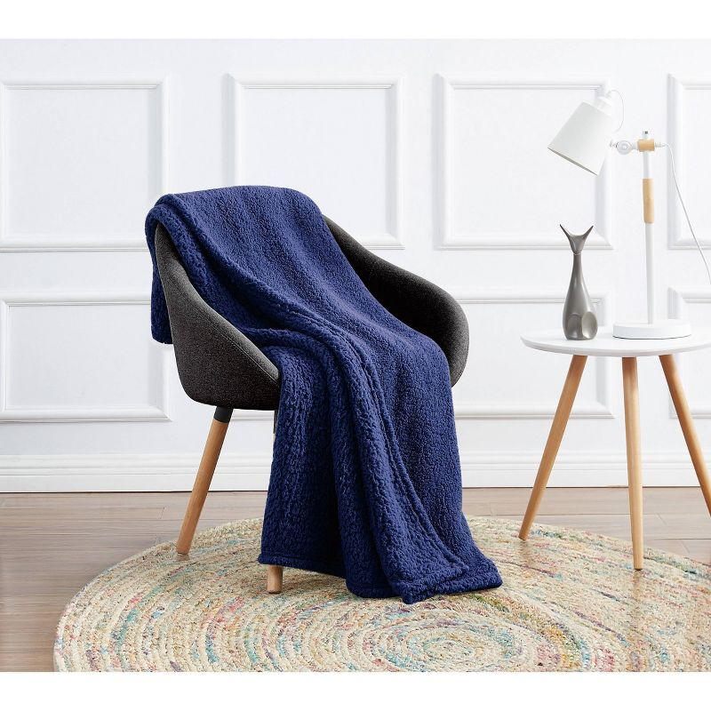 My World Cloud Faux Shearling Throw Blanket Navy: Sensory Friendly, Knitted Polyester, Machine Washable