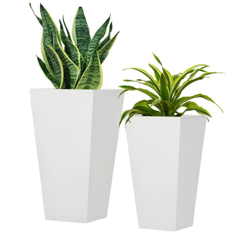 Outsunny 2-Pack MgO Flower Pots with Drainage Holes, Outdoor Planters, Durable & Stackable, for Entryway, Patio, Yard, Garden, White