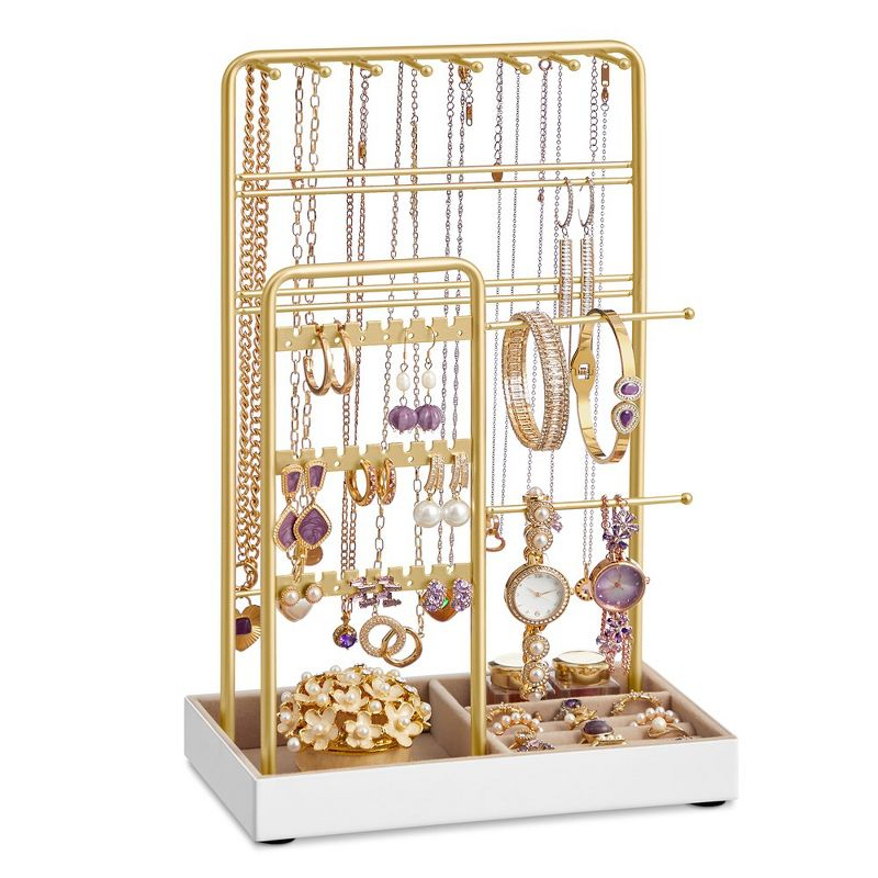 Jewelry Holder, Jewelry Organizer, Jewelry Display Stand with Metal Frame and Velvet Tray, Necklace Earring Bracelet Holder,Rings, Gold