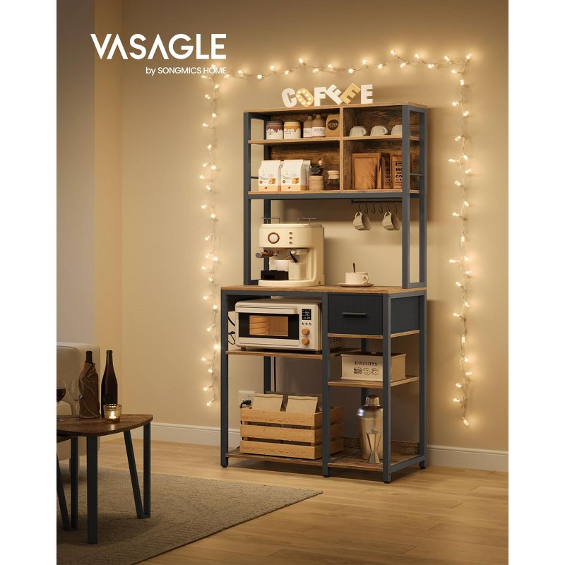 VASAGLE Bakers Rack with Charging Station, Coffee Bar with Adjustable Storage Shelves, Kitchen Microwave Stand, Rustic Brown and Ink Black