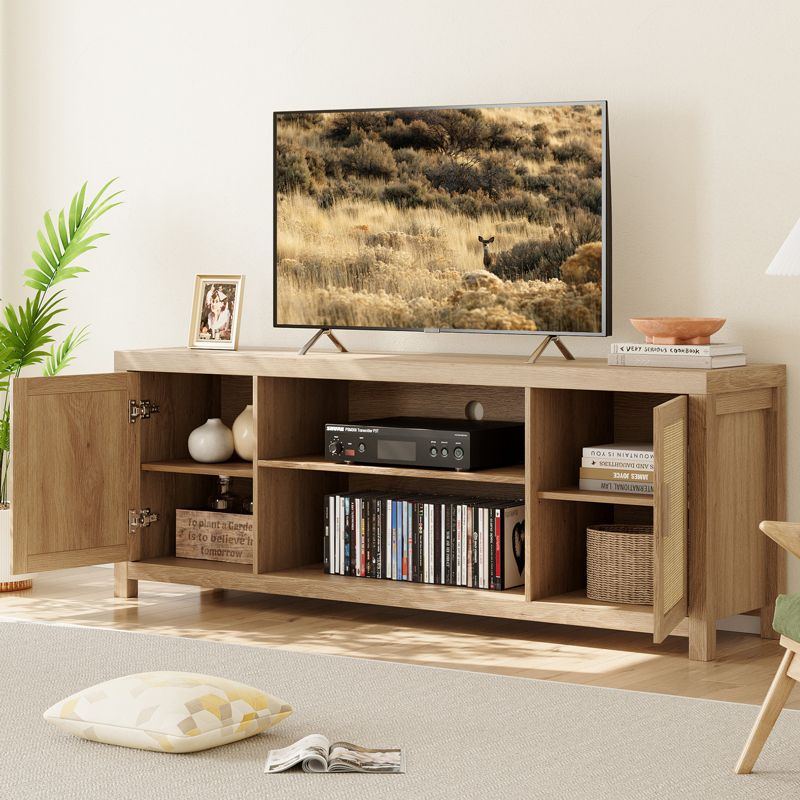 Whizmax Rattan TV Stand for 75 Inch, Boho Entertainment Center with 2-Tier Storage, Wooden Media Console Cabinet for Living Room Bedroom Natural Oak