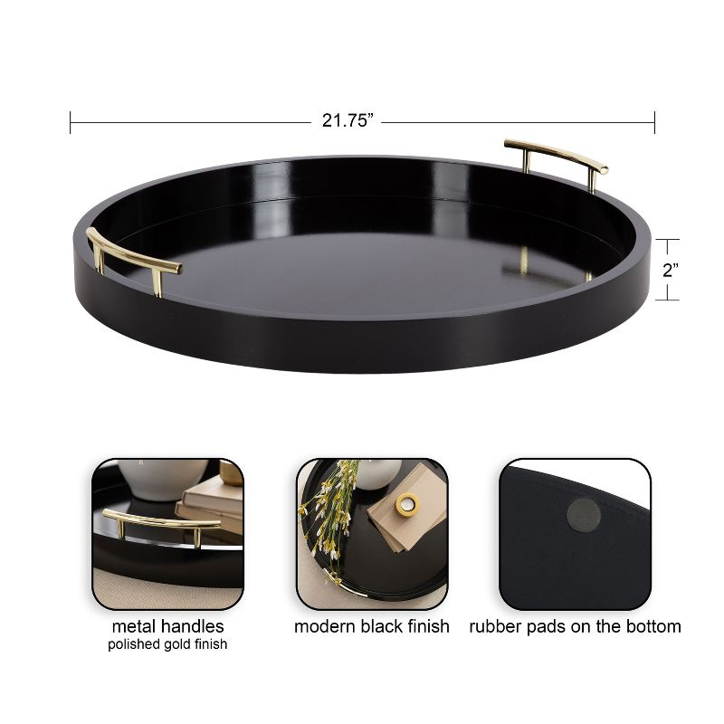 Kate and Laurel Lipton Round Decorative Tray with Metal Handles, 22" Diameter, Black