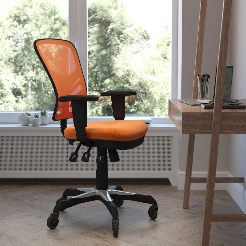 Flash Furniture Nicholas Mid-Back Orange Mesh Multifunction Executive Swivel Ergonomic Office Chair with Adjustable Arms and Transparent Roller Wheels