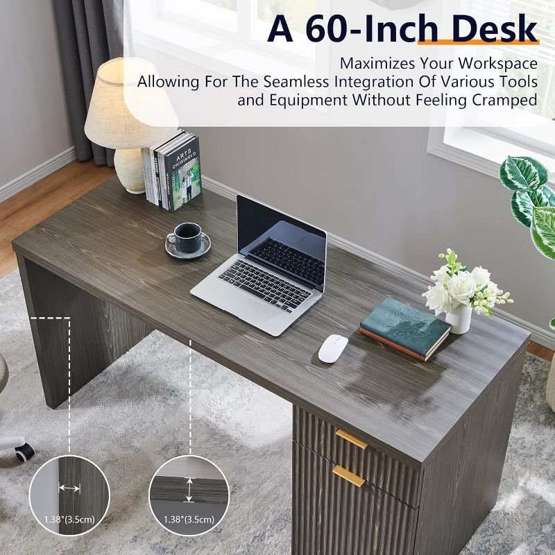 60" Modern Desk with Drawer & Cabinet, Fluted Computer Writing Desk for Living Room, Bedroom, Gray