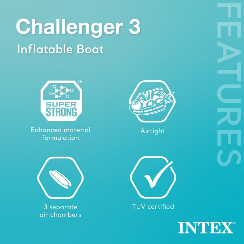 INTEX 68370EP Challenger 3 Inflatable Boat Set: Includes Deluxe 48in Boat Oars and Pump – Triple Air Chambers – 3-Person – 660lb Weight Capacity