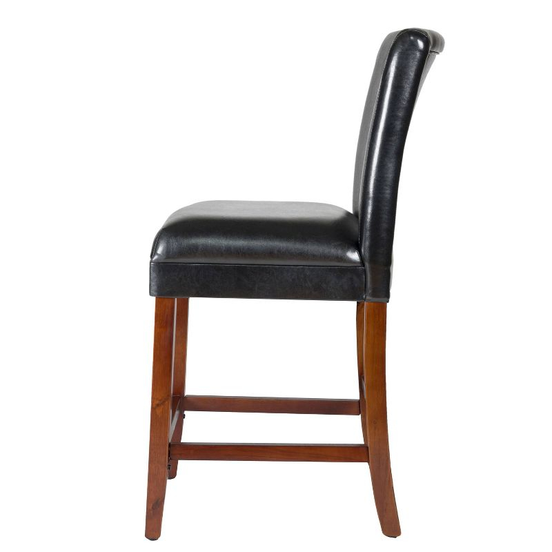24" Faux Leather Luxury Counter Height Barstool Black - HomePop: Rubberwood Legs, Padded Back