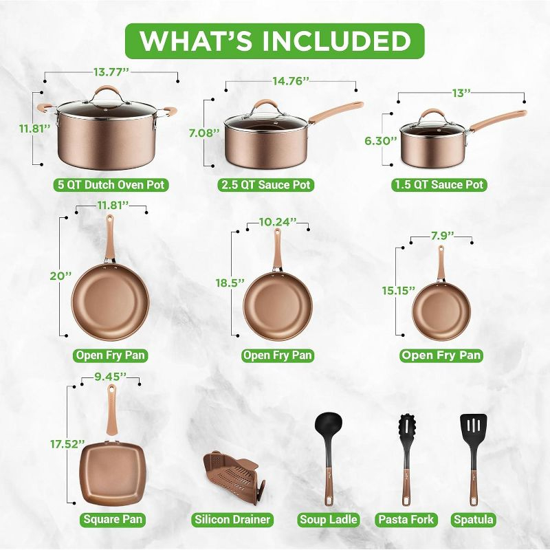 Non-Stick Cookware Set for Home Cooking with Golden Interior, Heat-Resistant, 14-Piece Set