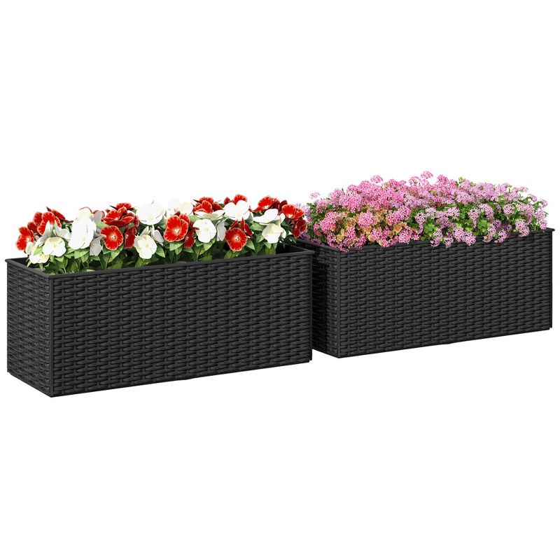 Outsunny Railing Planter Box (2 Pack, 20 Inch), Hanging Flower Pots with Hooks, Drainage Holes for Fence, Balcony, Garden, Patio, Rattan Look, Black