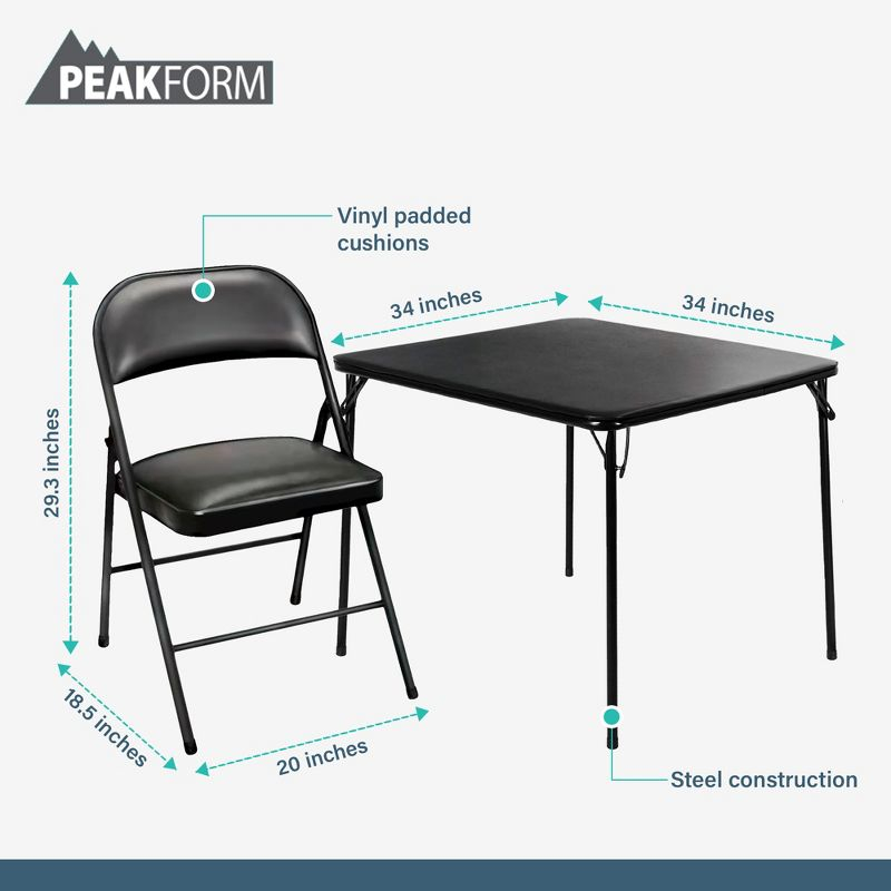 Peakform 5 Piece Folding Vinyl Tables and Chairs with Easy Cleaning and Storage for Home Use, Indoor Spaces, and Office, Black