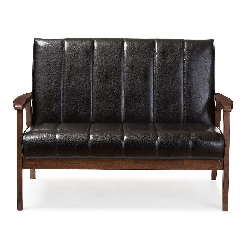 Nikko Mid-Century Modern Scandinavian Style Faux Leather Wooden 2 Seater Loveseat Black - Baxton Studio: Rubberwood Frame
