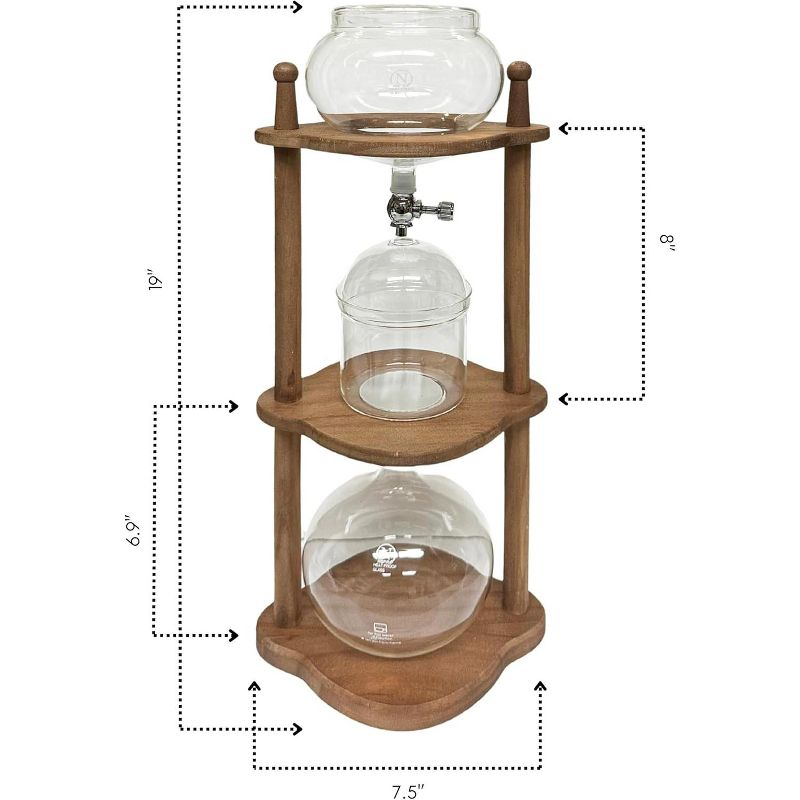 Nispira Cold Brew coffee Maker Ice Coffee Drip Machine with Advanced Slow Drip Technology Borosilicate Glass with Wood Tower, 6-8 Cup, Brown