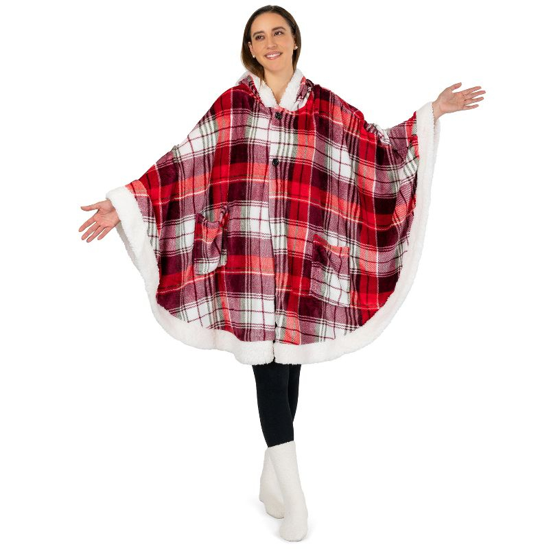 PAVILIA Angel Wrap Hooded Blanket for Women Adult, Wearable Cozy Wrap Throw Fleece Shawl Cape, Tartan Plaid/Faux Shearling
