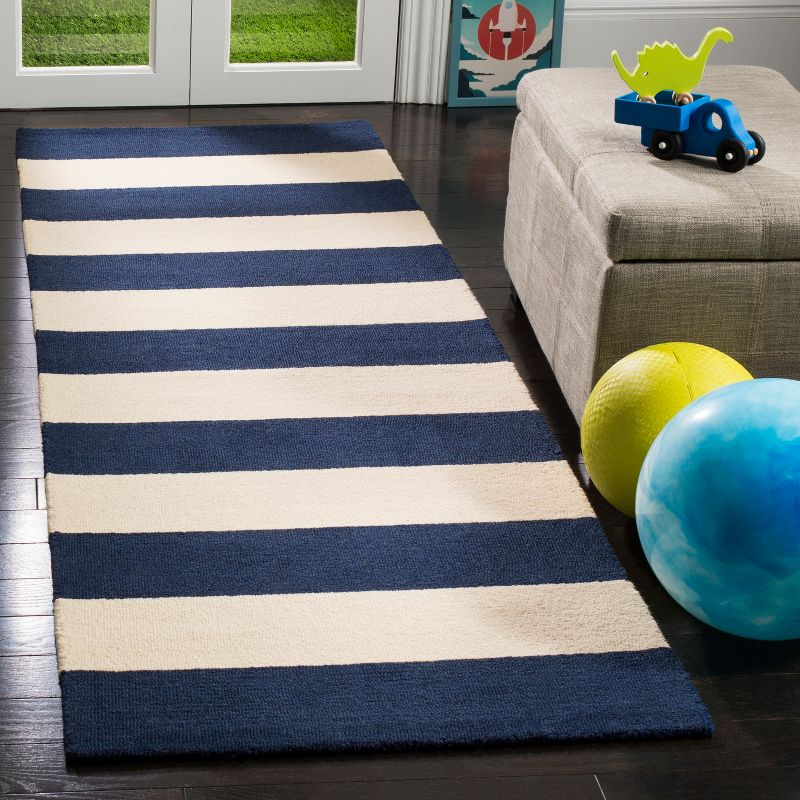 Safavieh Kids Stripe SFK919 Hand Tufted Indoor Runner Rug - Navy/Ivory - 2'6"x8' - Safavieh