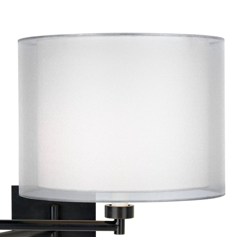 Franklin Iron Works Modern Swing Arm Wall Lamp Espresso Plug-In Light Fixture Double Sheer Silver White Drum Shade Bedroom Bedside