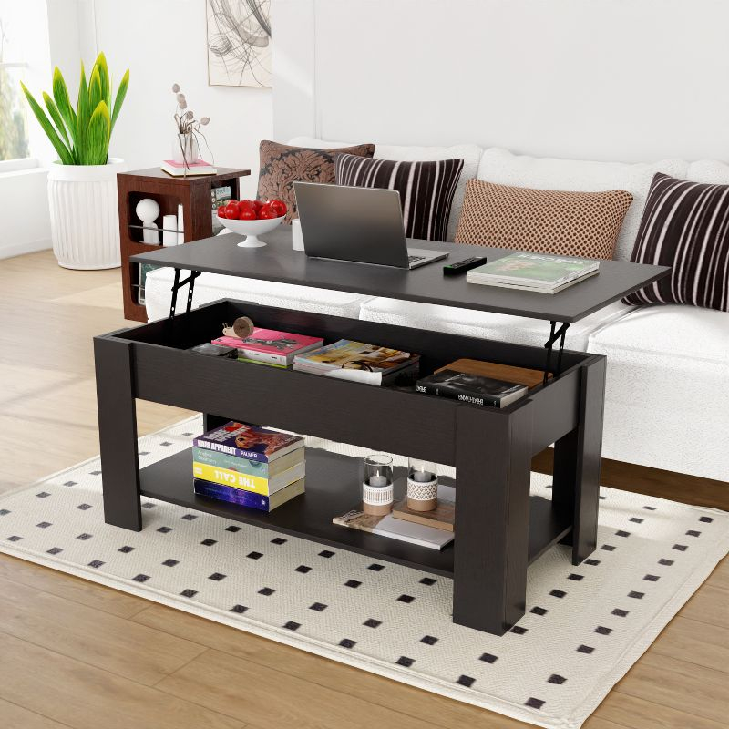 FDW Coffee Table Lift Top Coffee Tables with Hidden Compartment and Storage Shelf Wooden Lift Tabletop Dining Table for Living Room Home (Black)