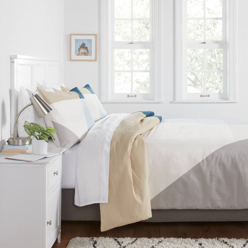 Twin/Twin Extra Long Cotton Blend Sateen Duvet Cover and Sham Set Ivory/Light Blue/Khaki Geo - Room Essentials™: 225 Thread Count