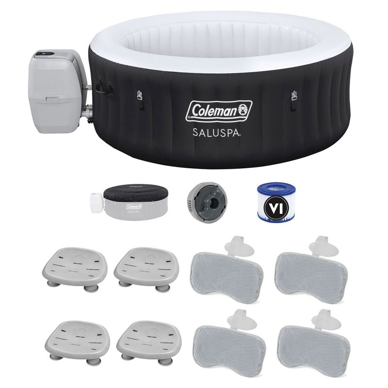 Bestway Coleman Miami AirJet Inflatable Hot Tub with EnergySense Cover, 4-Pack of SaluSpa Spa Seat and 4 Sets of SaluSpa Padded Headrest Pillows