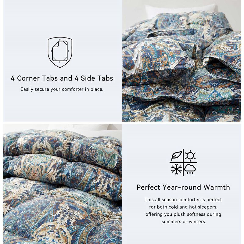 Peace Nest All Season Paisley Floral Goose Feather Fiber Comforter Duvet Insert Vintage Style, Royal Paisley Bloom, Full/Queen