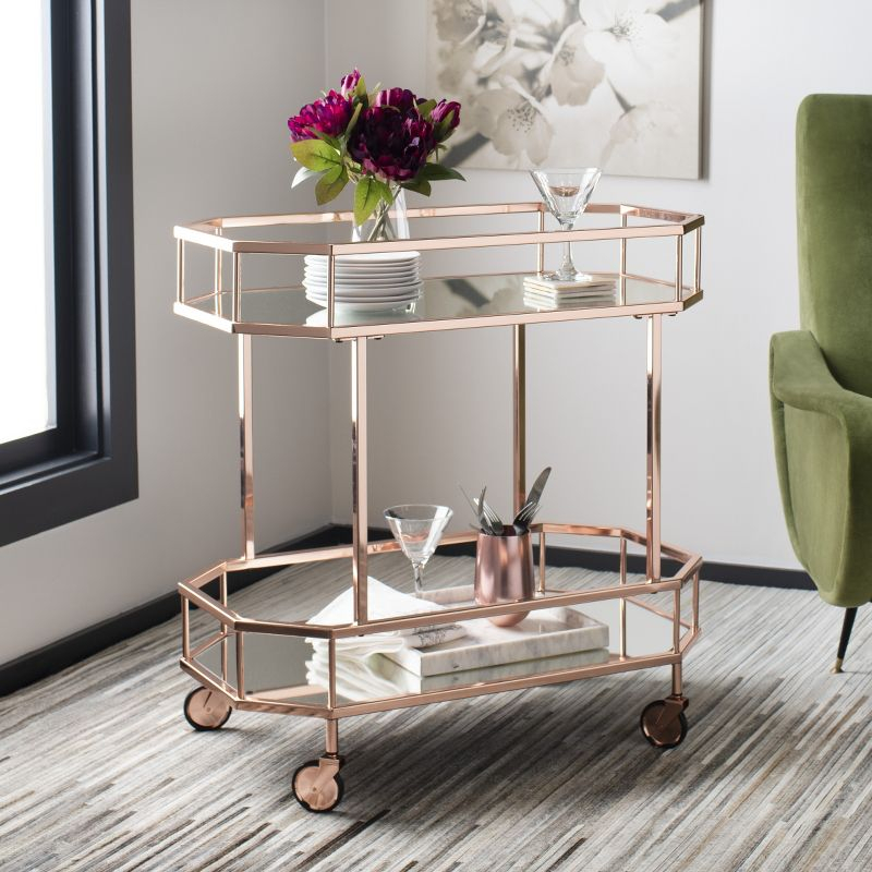 Silva 2 Tier Octagon Bar Cart - BCT8004A - Rose Gold/Mirror - Safavieh