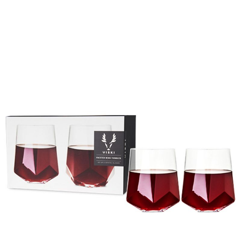 Viski Raye Faceted Crystal Wine Glasses Set of 2 - Premium Crystal Clear Glass, Modern Stemless, Wine Glass Gift Set, 20 oz