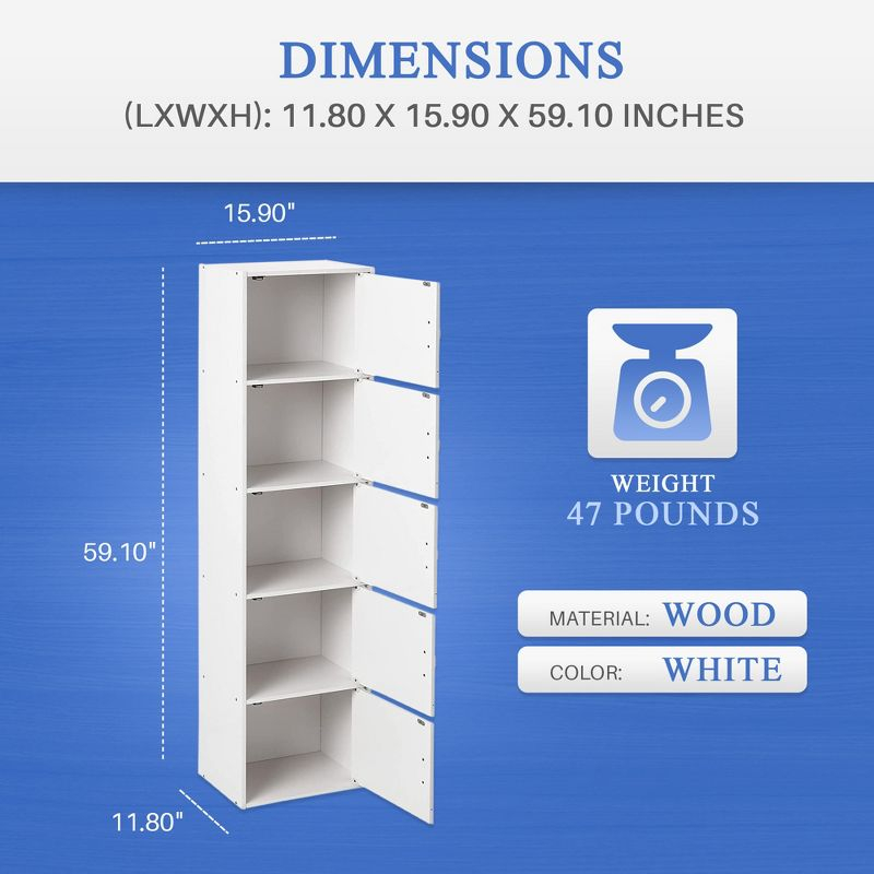 Hodedah HID5 High Quality 5 Shelf Home, Office, and School Enclosed Organization Storage 59 Inch Tall Slim Bookcase Cabinets, White Finish