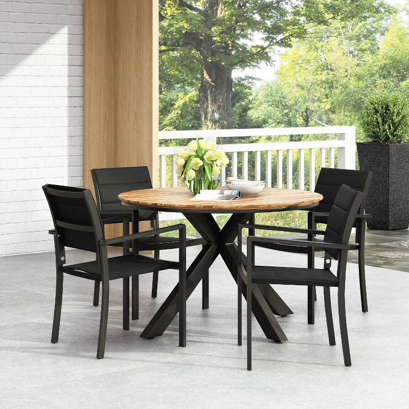 Christopher Knight Home 5pc Soto Mesh and Acacia Wood Teak Round Outdoor Dining Set Black