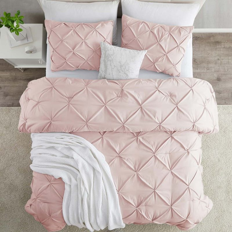 Nestl 3 Piece Pinch Pleated Duvet Cover Set, Full Size Pintuck Duvet Cover with Button Closure, Blush