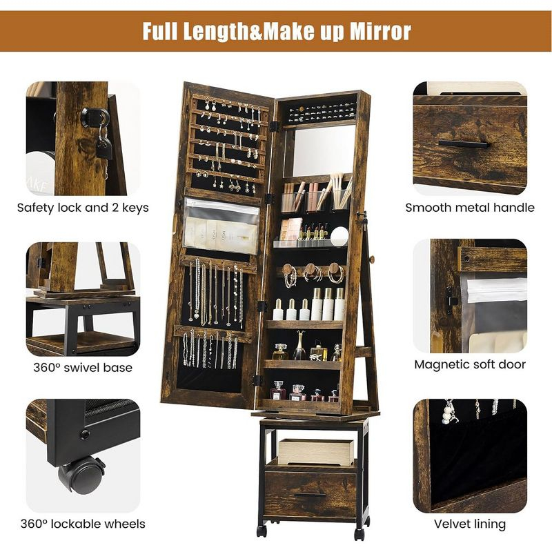 Garvee 360¡ã Swivel Jewelry Armoire, 66" H Floor Standing Locking with Full Length Mirror, Inside Makeup Mirror, Rear Storage Shelves, Brown