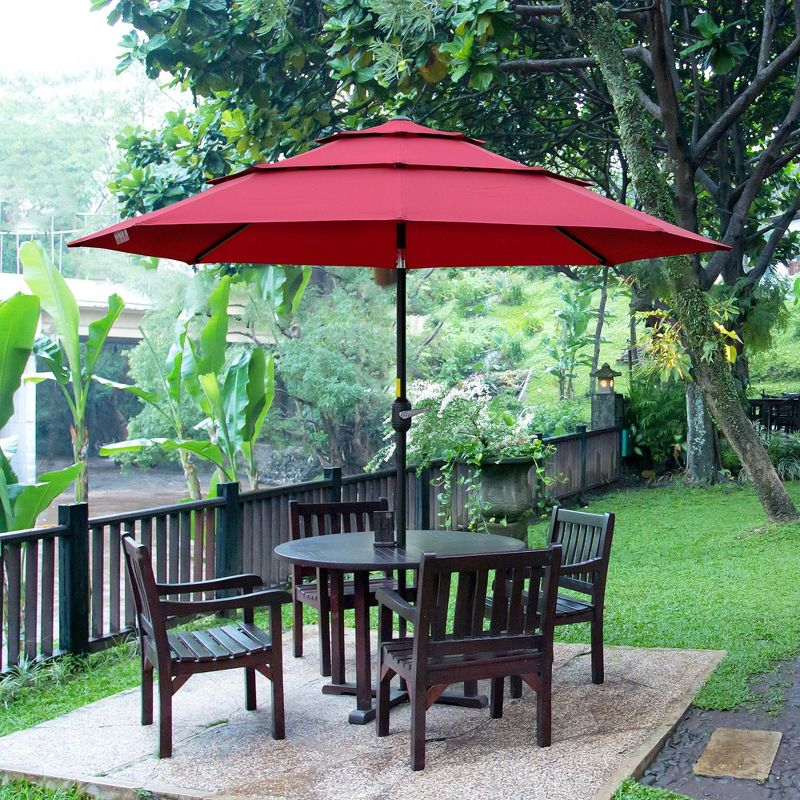 Outsunny 9' 3-Tier Patio Umbrella, Outdoor Market Umbrella with Crank and Push Button Tilt for Deck, Backyard and Lawn, Red