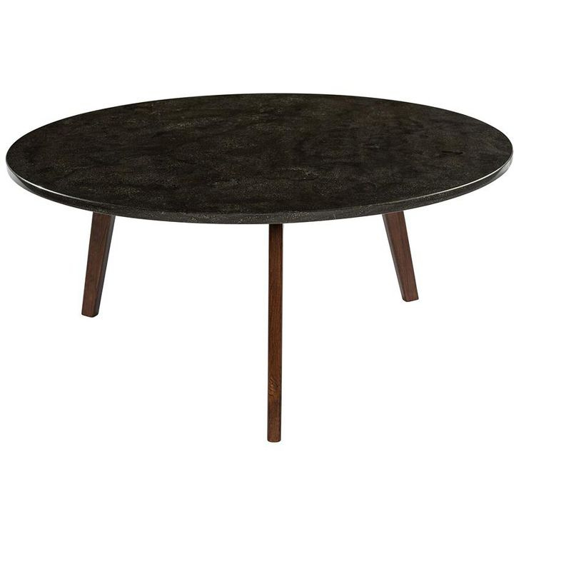The Bianco Collection Stella 31" Round Italian Black Marble Coffee Table with Walnut Legs