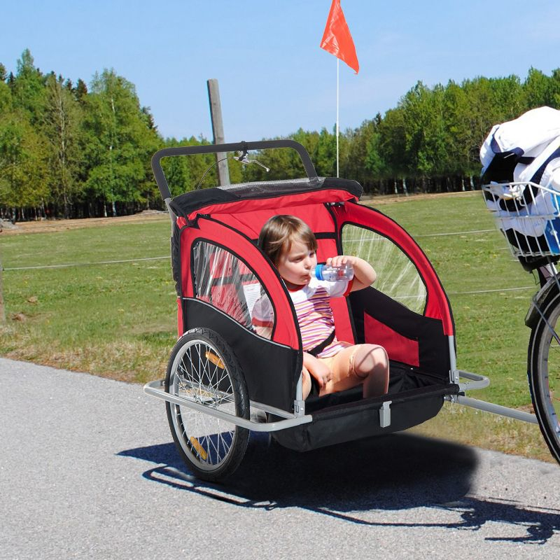 Aosom Elite Three-Wheel Bike Trailer for Kids Bicycle Cart for Two Children with 2 Security Harnesses & Storage, Red