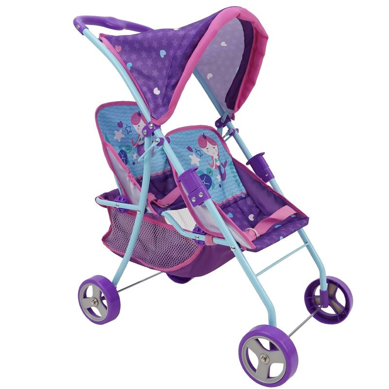 509: Mermaid Twin Doll Stroller W/ Retractable Canopy, 2 Seats