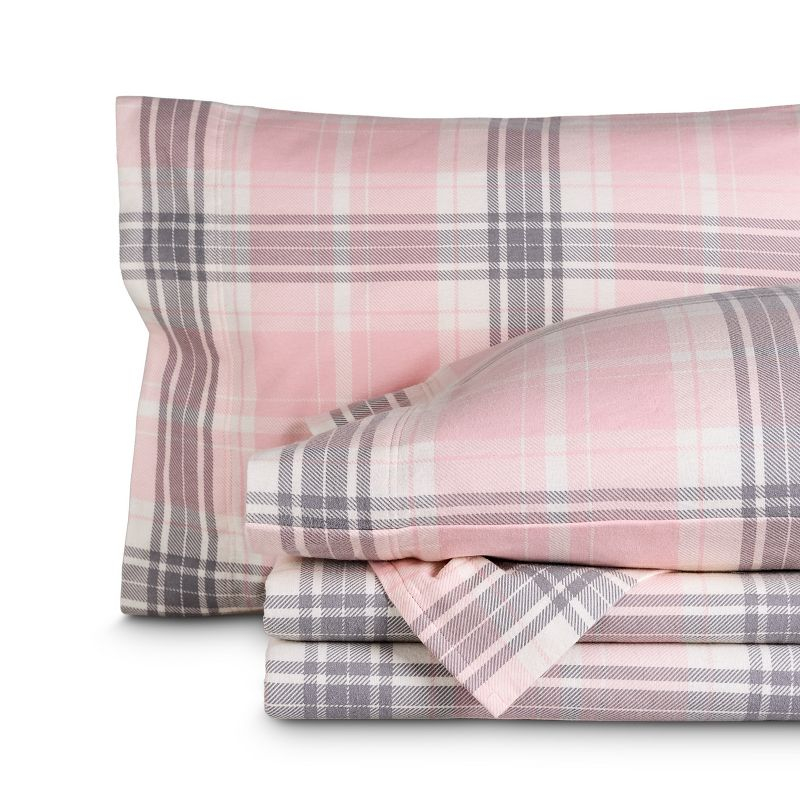 Aurora Plaid - Pink Cotton Flannel Full Sheet Set by Bare Home