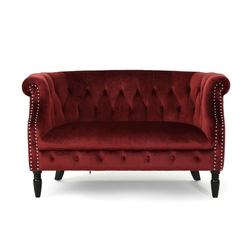 Milani Scroll Arm Loveseat Garnet: Tufted, Nailhead Trim, Polyester Upholstery - Christopher Knight Home