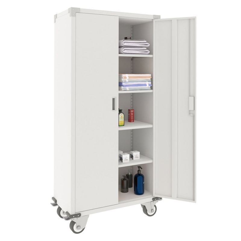 AOBABO 72 Inch Locking Metal Garage Home Office Storage Cabinet with Universal Rubber Wheels/Lockable Casters and Magnetic Doors, White