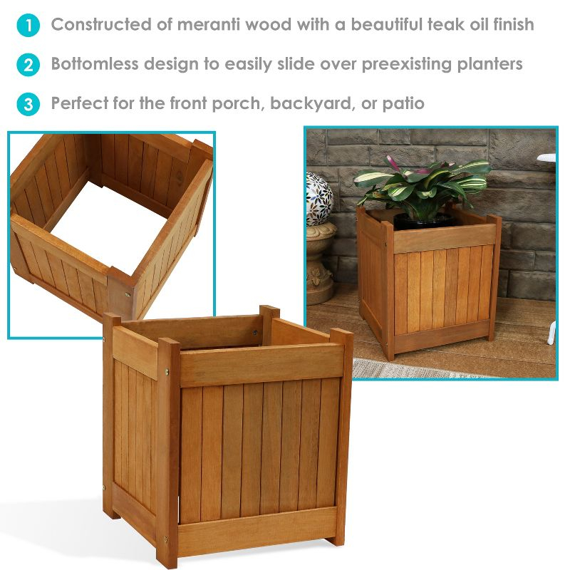 Sunnydaze Outside Meranti Wood Outdoor Planter Box with Teak Oil Finish for Garden, Porch and Patio - 16" Square