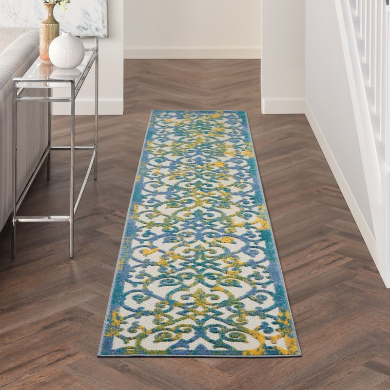 Nourison Aloha Contemporary Scroll Flatweave High-Low Indoor Outdoor Runner Rug Ivory Blue 2'3" x 10'