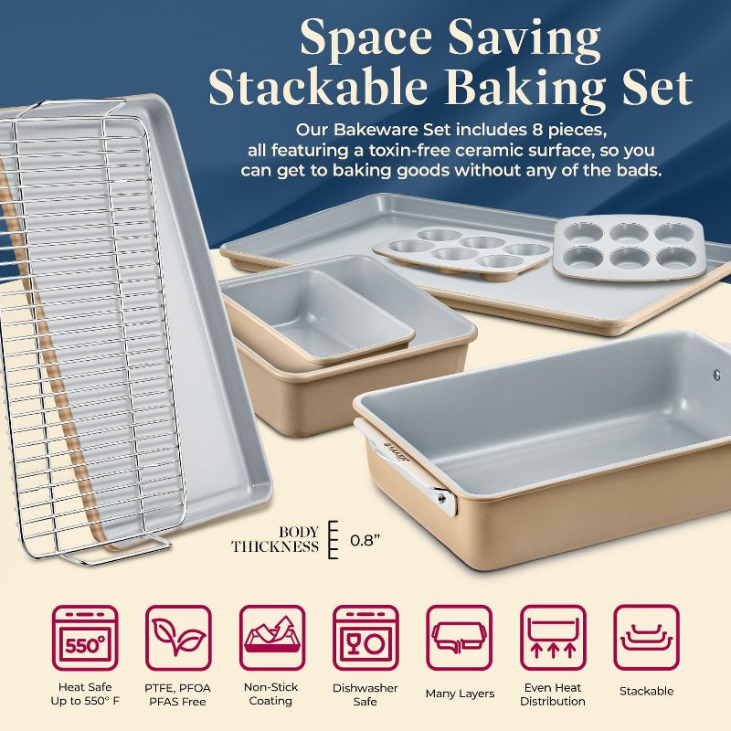 Bakken Swiss 8-Piece Stackable Bakeware Set - Ceramic Non-Stick Coating - GOLD