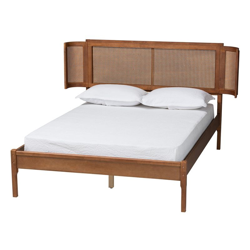 Baxton Studio Eridian Mid-Century Modern Walnut Brown Finished Wood and Natural Rattan Queen Size Platform Bed