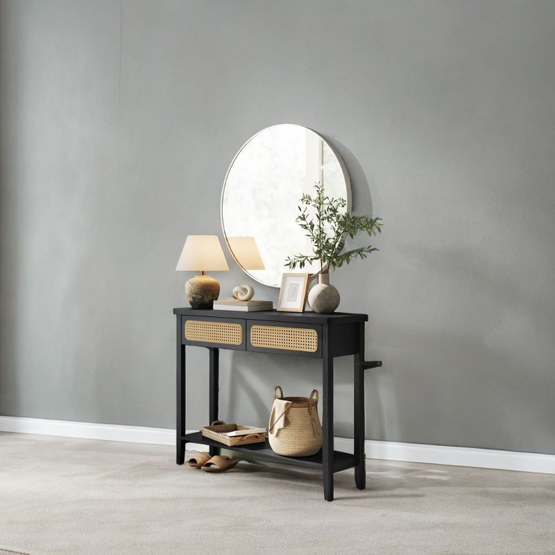 Ash Black Console Table in Boho Style. A Narrow Entryway Table with 2 Drawers and an Open Storage Shelf. for the Living Room.Sofa Table