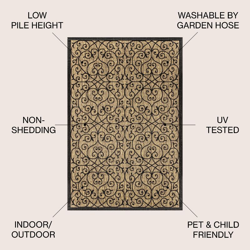 6' Square Madrid Vintage Filigree Textured Weave Indoor/Outdoor Area Rug, Black/Khaki - JONATHAN Y
