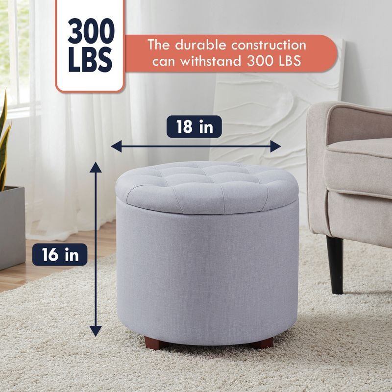 Ornavo Home Linen Upholstered Round Tufted Storage Ottoman with Wooden Legs - Gray