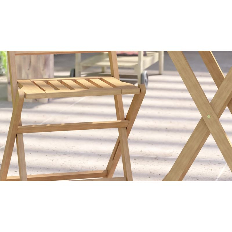 Emma and Oliver All-Weather Three Piece Solid Acacia Wood Patio Bistro Set with Two Folding Chairs and Table