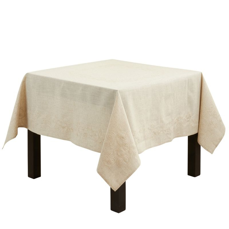 Saro Lifestyle Embroidered Swirl Natural Linen Blend Tablecloth, Natural, 67"x67",