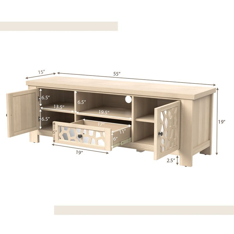 Tangkula 55" Retro TV Stand Media Entertainment Center w/ Mirror Doors & Drawer Natural